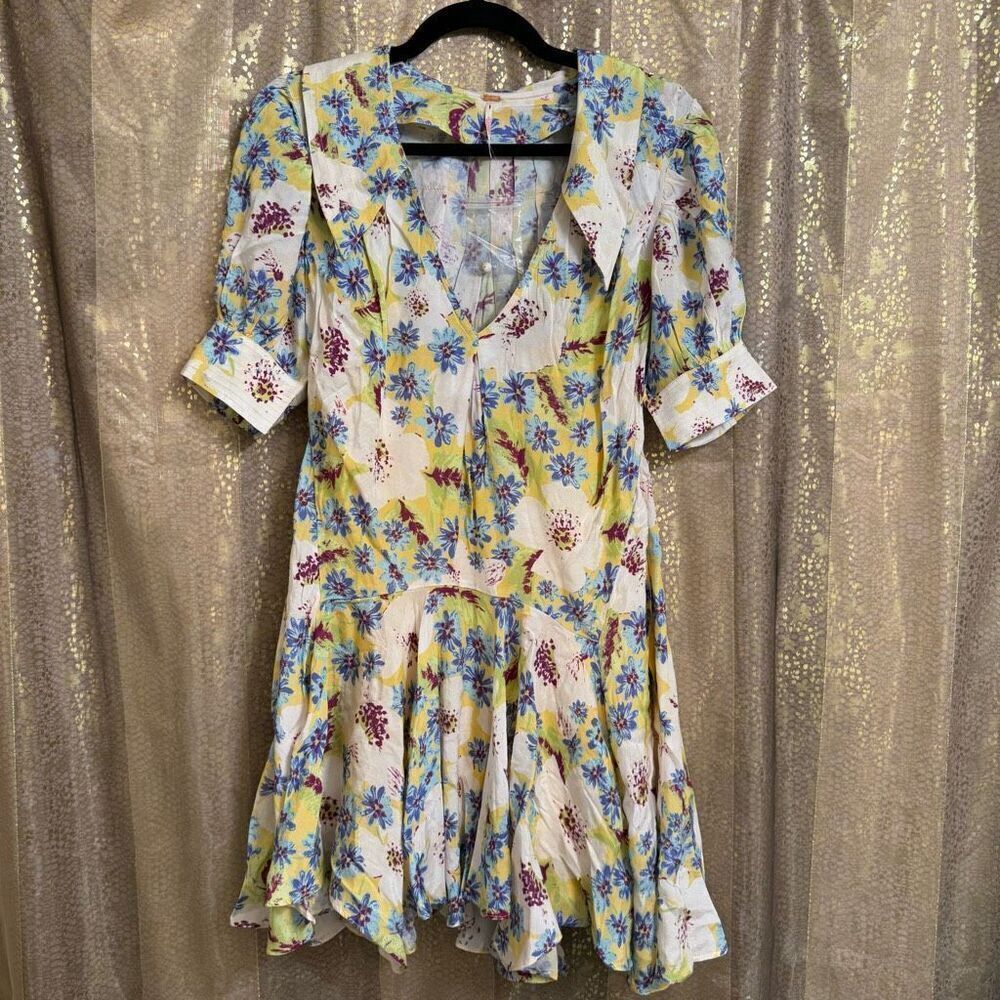 Free People Sugar Crush Floral Mini Dress Yellow Blue Lemon Combo XS NWT